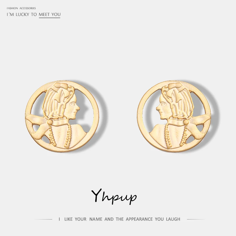 Yhpup Мода в стиле барокко Hollower портрет Круглый Геометрические серьги-гвоздики Золото; серебро; сережки Brincos, можно носить с boucles d oreille femme; Новинка