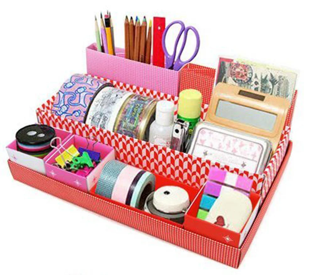 Beau красный DIY Рабочего организатор стол Коробка для хранения канцелярских принадлежностей Макияж в коробке