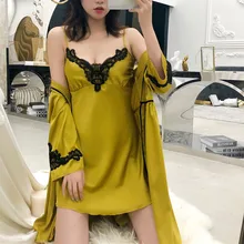 Халат, платье, наборы для женщин, сексуальный комплект для сна, ночное белье, Femme, свадебная Пижама Атласный халат с вышивкой, домашняя одежда