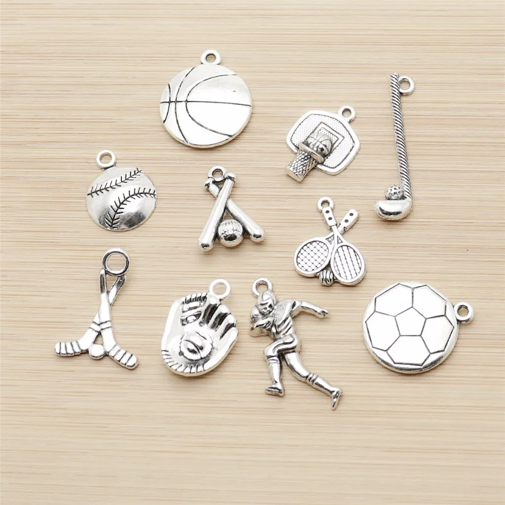 Mix 60pcs/lot Vintage Silver Charms Sports Jewelry Findings
