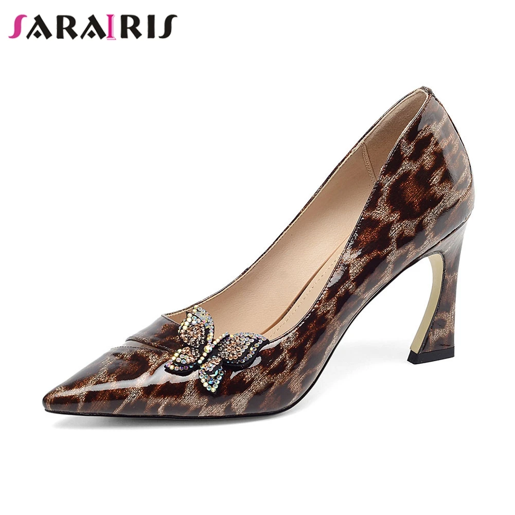 

SARAIRIS Brand New Big Size 33-43 Leopard Parent Genuine Leather Crystal Bowtie Ladies Shoes Woman Casual Party Ol Autumn Pumps