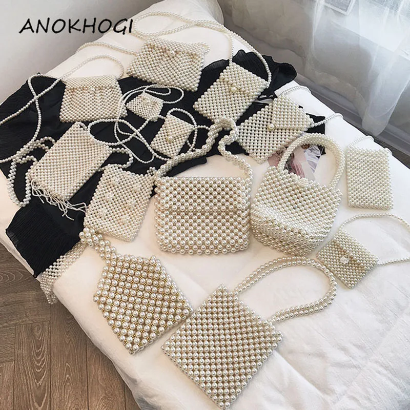 

Handmade Lady Beaded Pearl Bags Women Party Fashion Handbag Woven Ins Hot Shoulder Bag Mini Hollow Out Cross body Bag B399