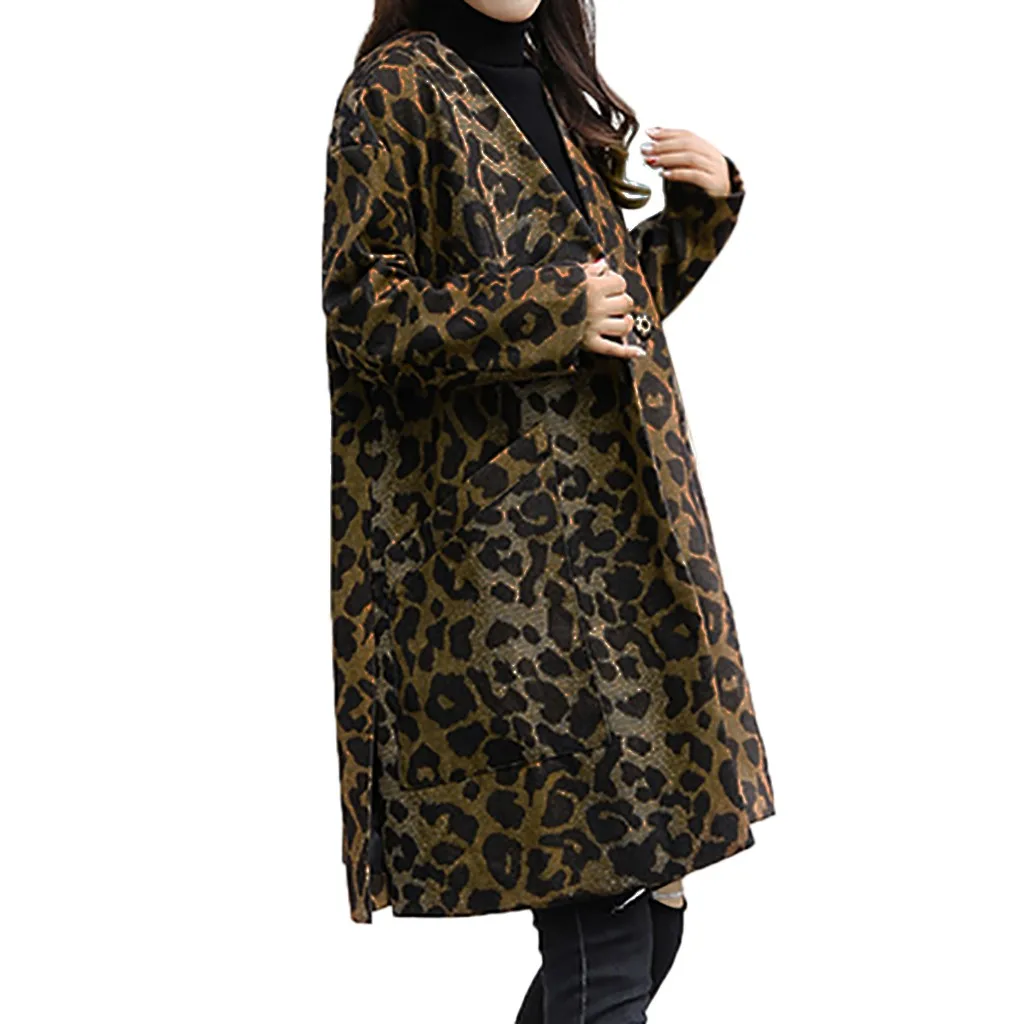 Sleeve Long Women's Thick Warm Coffee Leopard Winter Plus Autumn Size Coat pt Jacket Ladies Outerwear neck Casual V xwq1HxXIY4