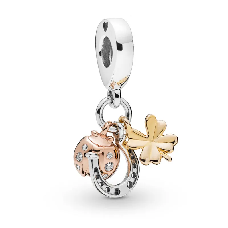 

2019 New 925 Silver Mixed Metal Horseshoe Clover and Ladybird Hanging Charm Fit Original Pandora Bracelet for Women DIY Jewelry
