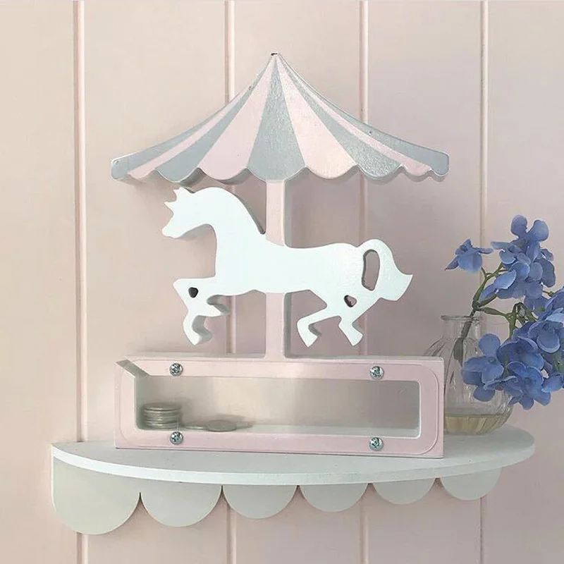 

Wood Unicorn Piggy Bank Nordic Style Merry Toy Carousel Horse Decoration Transparent Money Boxes Saving Kids Home Decor WZL040