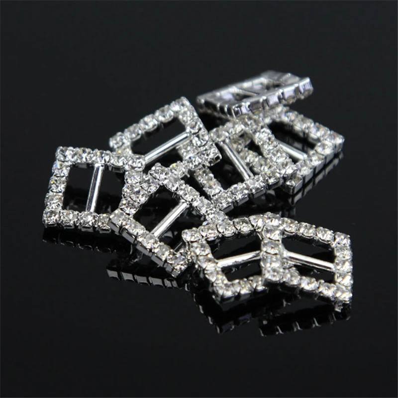 16mm x 16mm Diamond Silver Square Buckles Rhinestone Crystal Ribbon Sliders