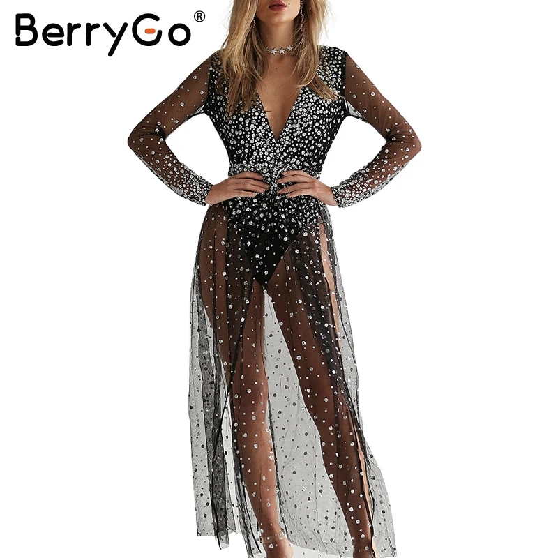 

BerryGo V neck black winter dress women Sexy transparent mesh party dresses vestido de festa High side split sequins long dress