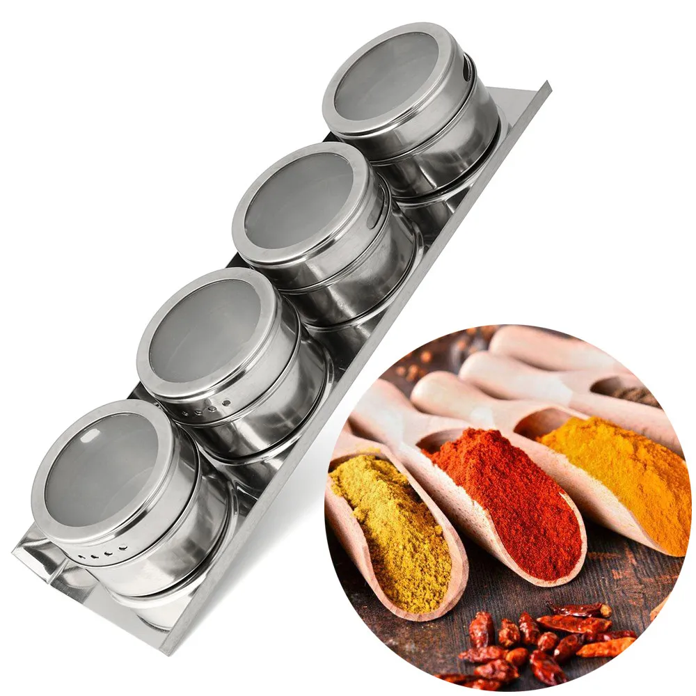 

4pcs/set Condiment bottles Stainless Steel Magnetic Spice Storage Jar Tins Container With Rack Holder