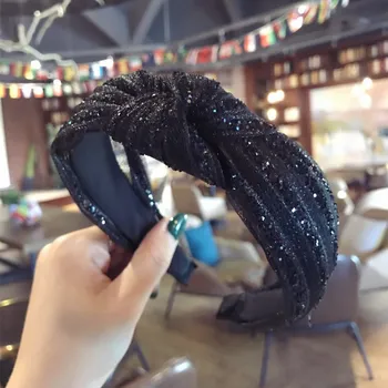 

Fashion Black Lace Wide Knotted Hairbands Women Crystal Shiny Headbands Female Hair Band Hoop Hair Accessories Headwears Ladies