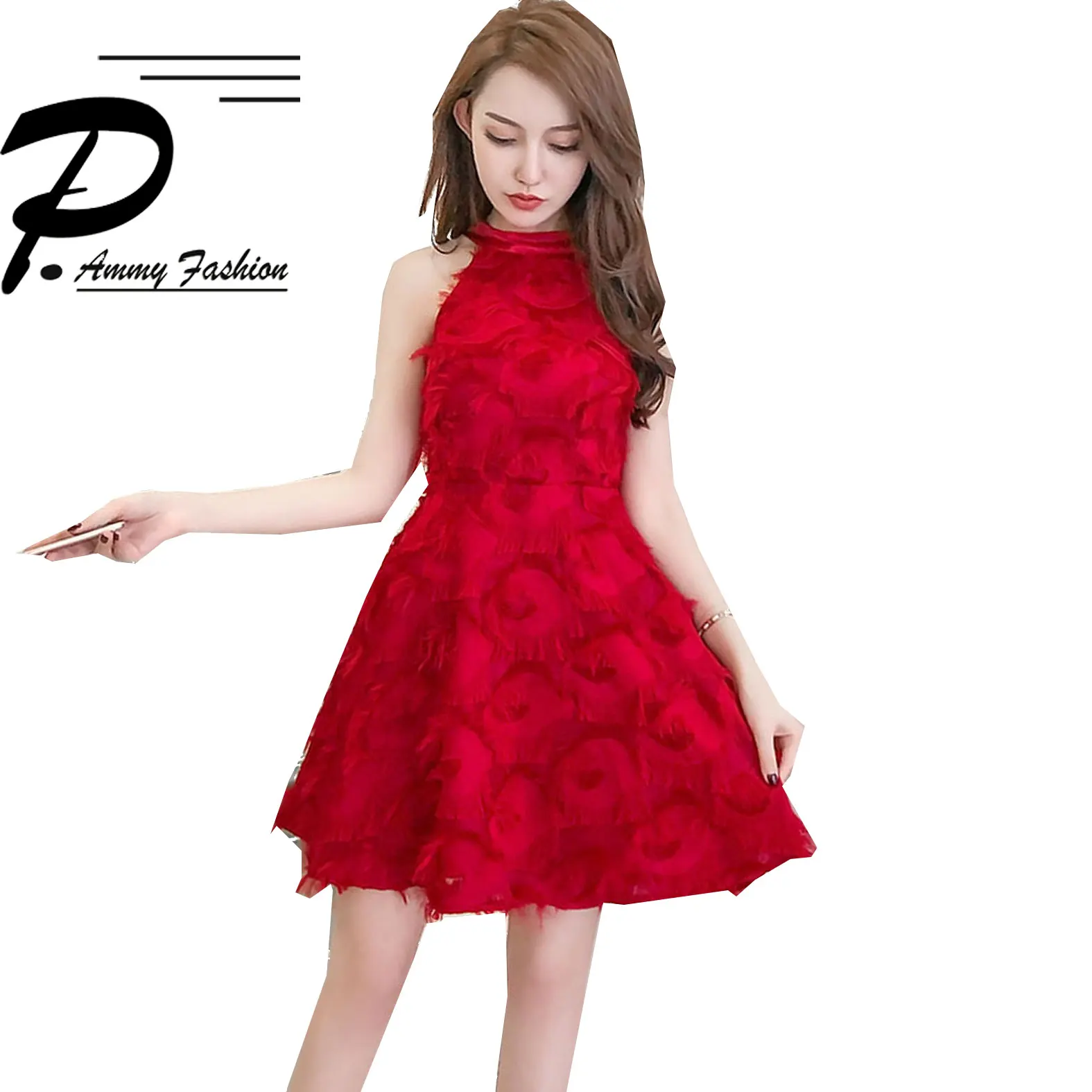 Sexy Slim Sleeveless Tassel Halter Party Dress 2018 Elegant High waist