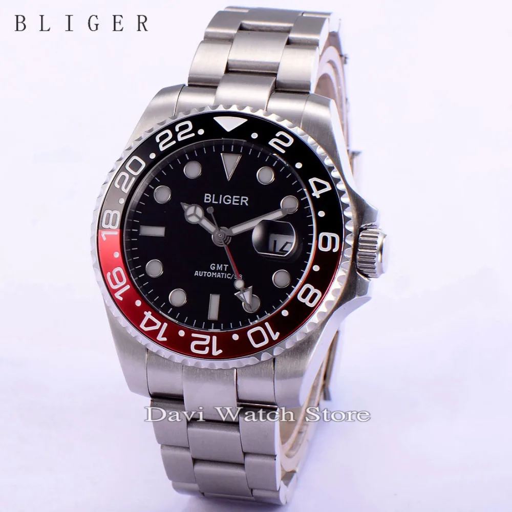 

43mm Bliger Stainless Steel Watch Case Black Dial GMT Automatic Movement Mens Wristwatch