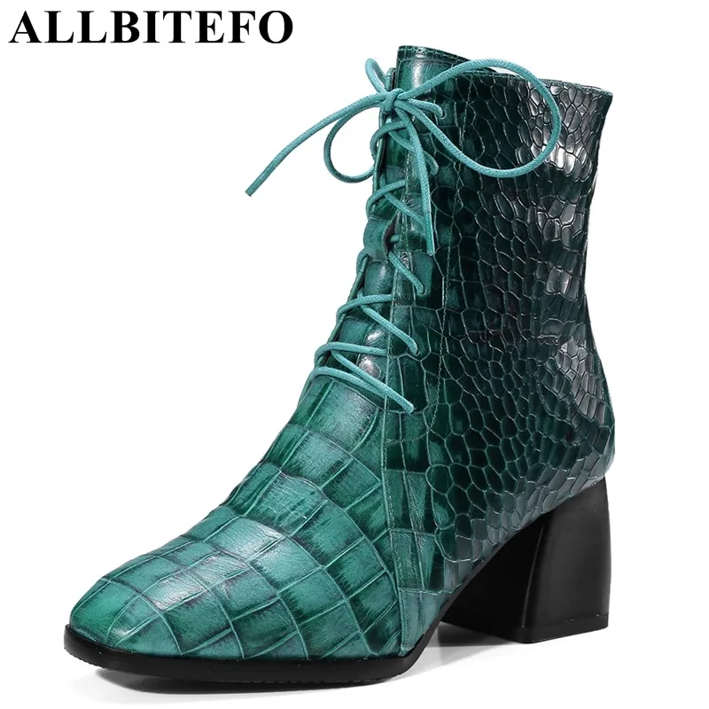 

ALLBITEFO size:34-42 genuine leather Stone texture women high heel shoes square toe high heels women ankle boots women boots