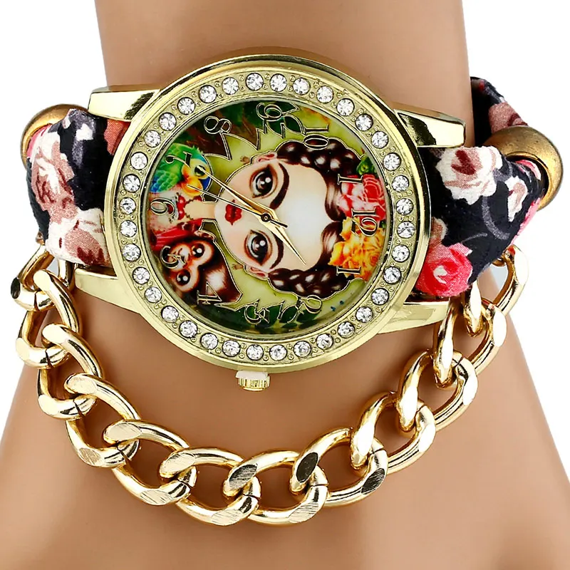 

Gnova Platinum TOP Ethnic Fabric mexican Rhinestone Girl Parrot Monkey woman wristwatch golden chain bracelet watch vintage