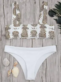 

Women Summer Bikini Pinapple White Bottom Sexy Two Piece Swimwear Set