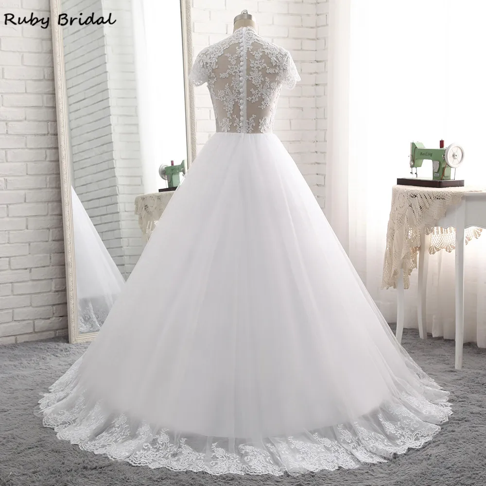 Ruby Bridal Элегантное Длинное Свадебное платье трапециевидной формы недорогое белое Тюлевое свадебное платье с кружевной аппликацией и коротким рукавом PW7