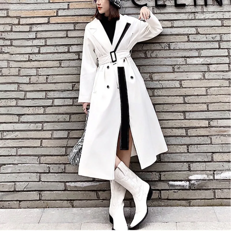 

LANMREM 2019 White Notched Collar Windbreaker For Women New Spring Korean Fashion High Waist Long Coat With Belt Female WD83000