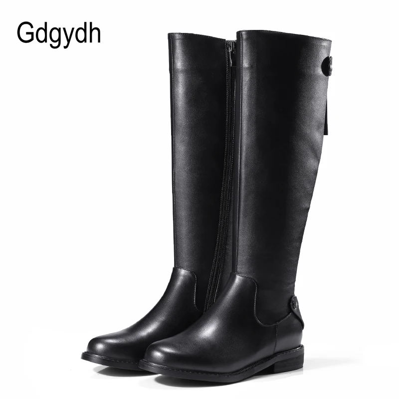 Женские сапоги до колена Gdgydh черные из натуральной кожи на резиновой подошве