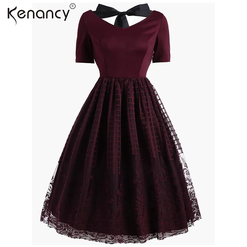 

Kenancy Retro Solid Wine Red Plaid Bowknot Floral Lace Dress Women Party O-Neck A-Line Short Sleeve Mini Vintage Vestidos