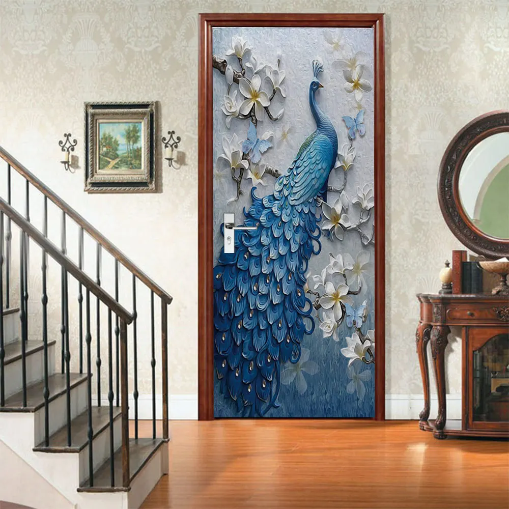 

Convex Effect Peacock Pattern 3D Door Stickers For Living Room Bedroom PVC Self Adhesive Waterproof Mural Wallpaper Home Decor