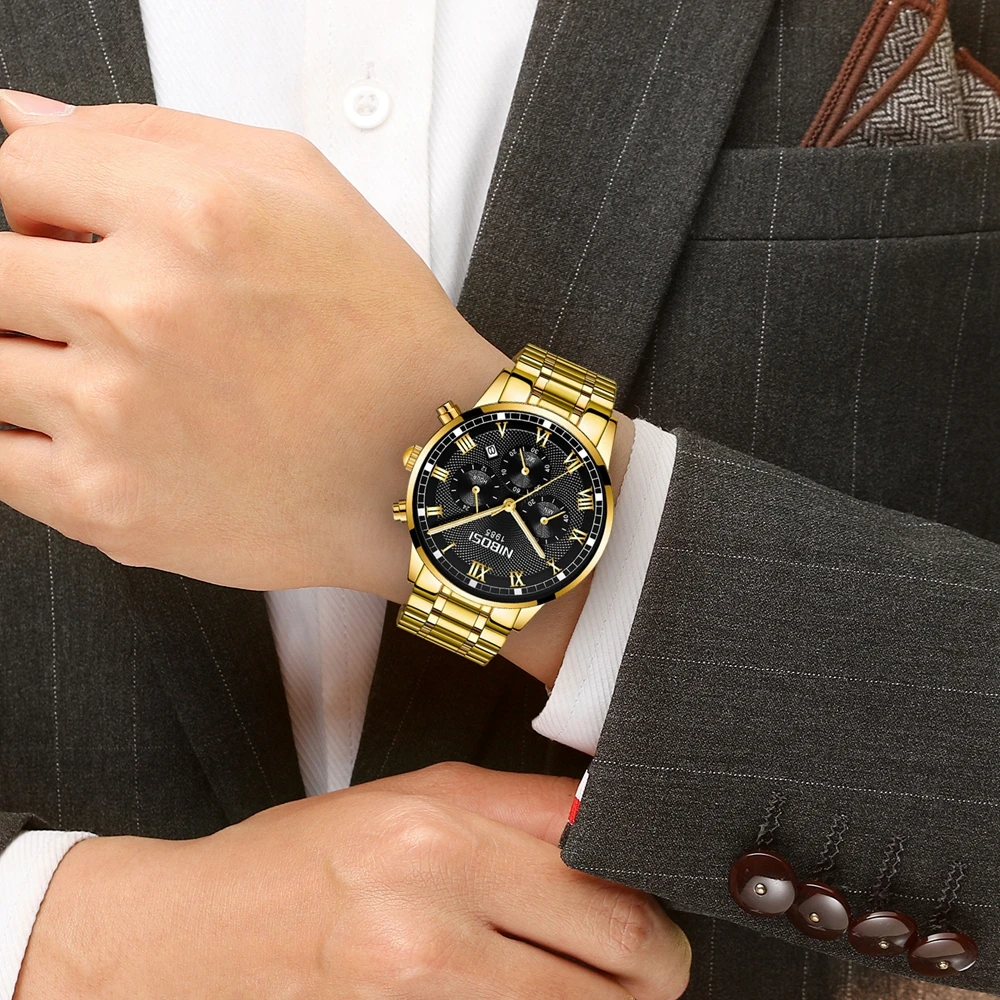 NIBOSI Топ люксовый бренд мужские спортивные часы мужские s полностью Стальные кварцевые золотые часы Montre мужские водонепроницаемые наручные часы Relogio Masculino