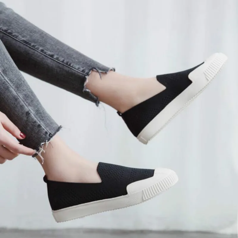 

2019 summer new flying woven breathable shoes woman new style solid color simple design flat slip on leisure women sneakers