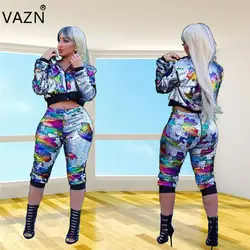 VAZN осень 2018 Новый High Street Сексуальный стиль 2 шт Для женщин комплект камуфляж до середины икры Длина брюки леди выдалбливают тонкий комплект