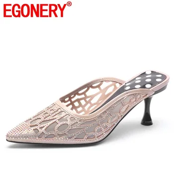 

EGONERY shoes woman 2019 summer new fashion sexy pointed toe mesh woman slippers outside high thin hhels crystal ladies sandals