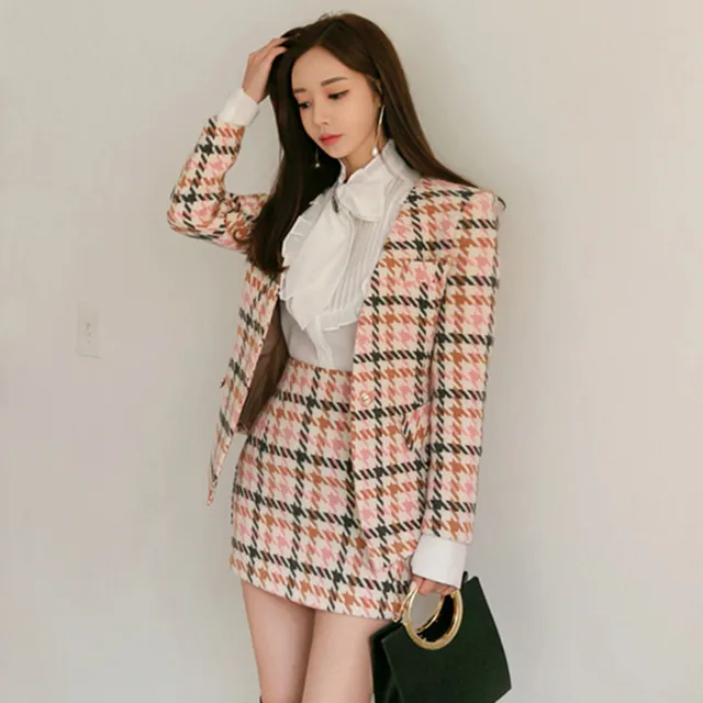 New Winter OL Houndstooth Wool 2 Piece Set Women V Neck Long Sleeve