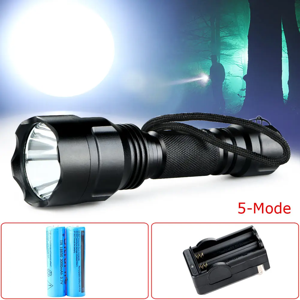 

Hot Selling 3000 Lumen C8 CREE XM-L T6 LED Flashlight Torch Lamp 5-Mode+2x18650+Charger