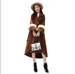 Новый Для женщин зимние длинные шерстяные куртки женские Модные строчки контрастного цвета шерстяное пальто
