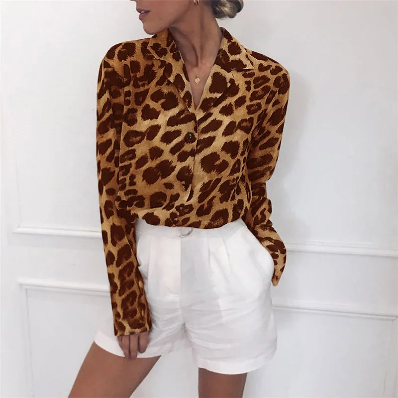 Женские блузки, сексуальная шифоновая леопардовая блузка с длинным рукавом и v-образным вырезом, Офисная рубашка, повседневные свободные топы, винтажные туники, блузы размера плюс - Цвет: Brown
