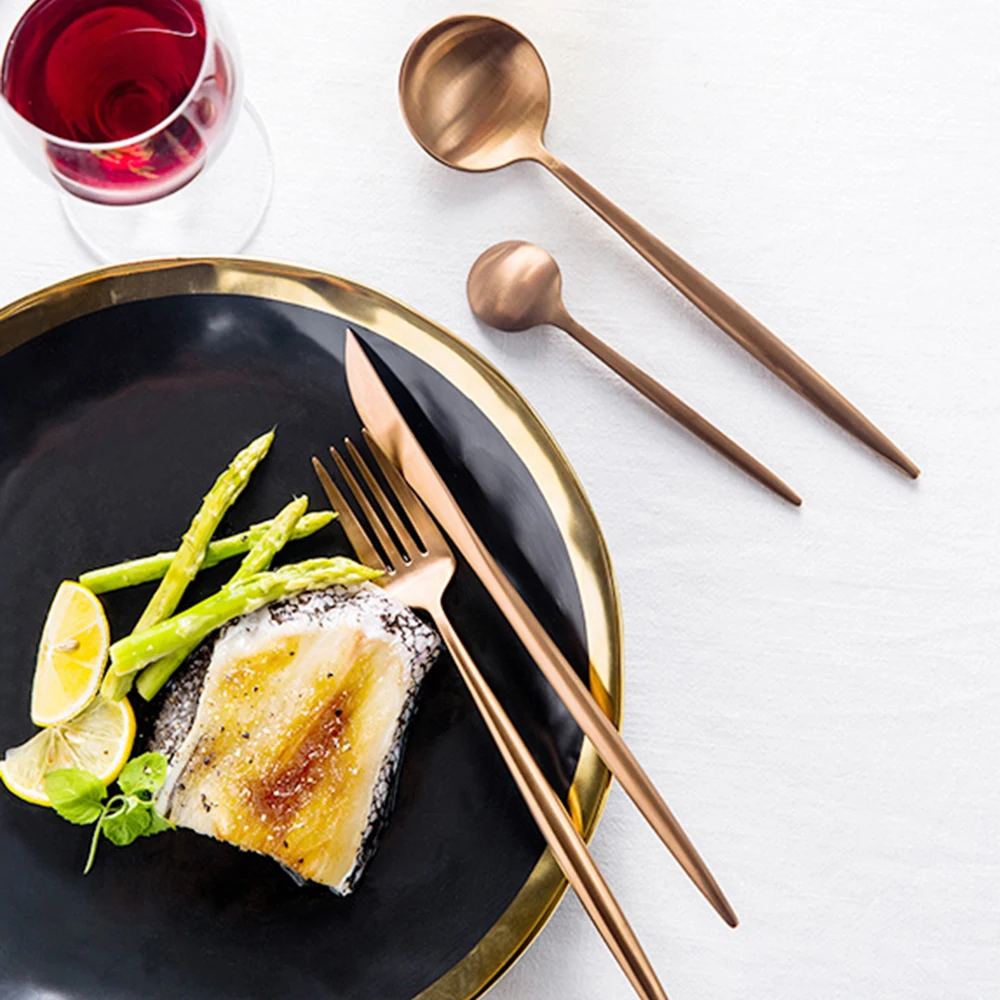 

Best Hot Sale 4 Pcs/set Rose gold color Dinnerware Set 304 Stainless Steel Western Cutlery Kitchen Food Tableware Dinner Set