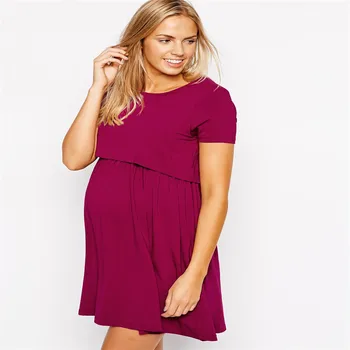 

Maternity Women Dress Summer Short Sleeve O-neck Mini Length Dress New Mom Western Style Easy Breast-Feeding Nursing Dresses