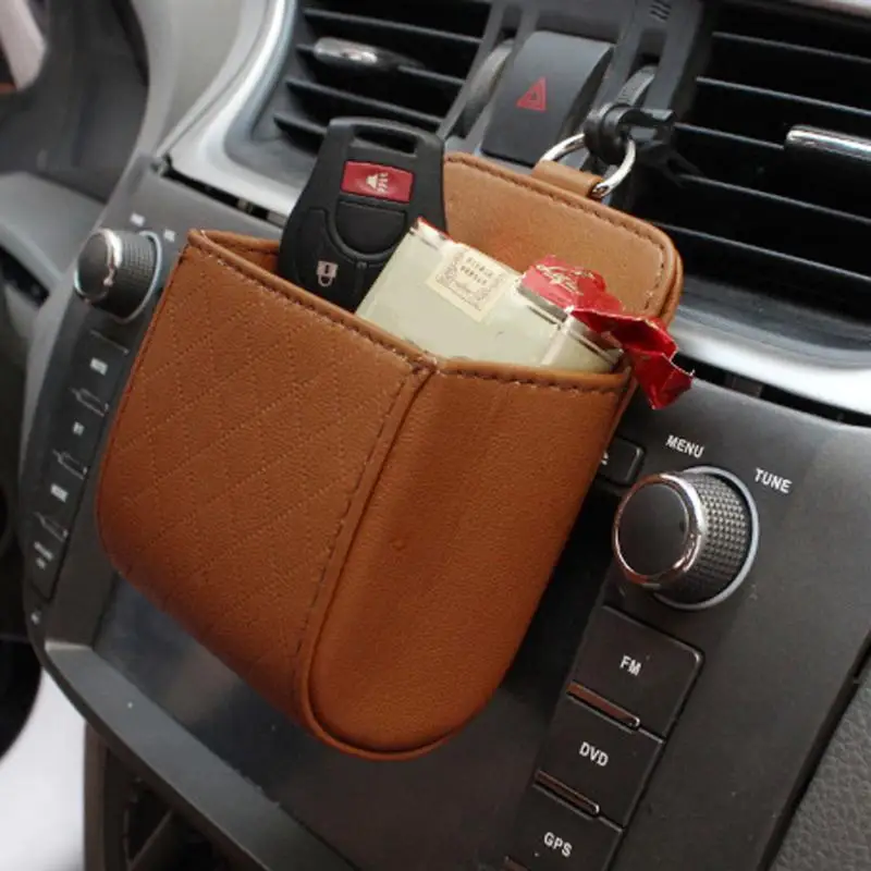 Auto Vent Outlet Trash Box PU Leather Car Mobile Phone Holder Bag Automobile Hanging Box Car Styling Black Brown Beige