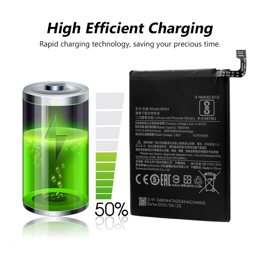 

Smart Phone Battery BN44 BN-44 BN 44 3.85V 4000mAh Rechargeable Battery For Xiaomi Redmi 5 Plus High Capacity