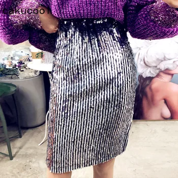 

Cakucool Silver Sequins Skirt Slim Straight Midi Skirt Luxury Beading Elastic High Waist Design Dance Bodycon Shiny Korean Skirt