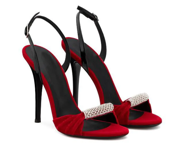 

Red and black mixed colors high heel crystal sandals for lady Fashion open toe super high thin heel shoes Party shoes SIZE34-43