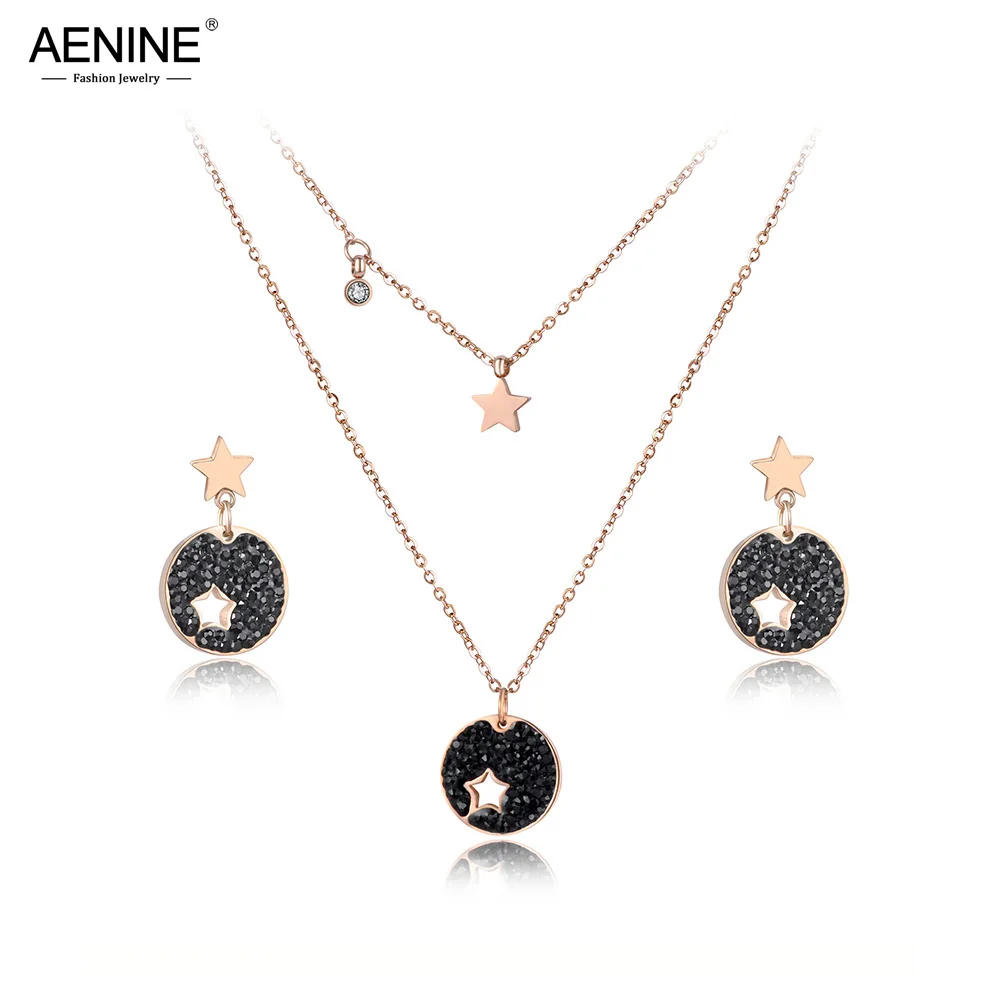 

AENINE Trendy CZ Crystal Star Choker Necklaces Earrings Jewelry Sets For Girls Pave Setting Rhinestone Stainless Steel ASE012