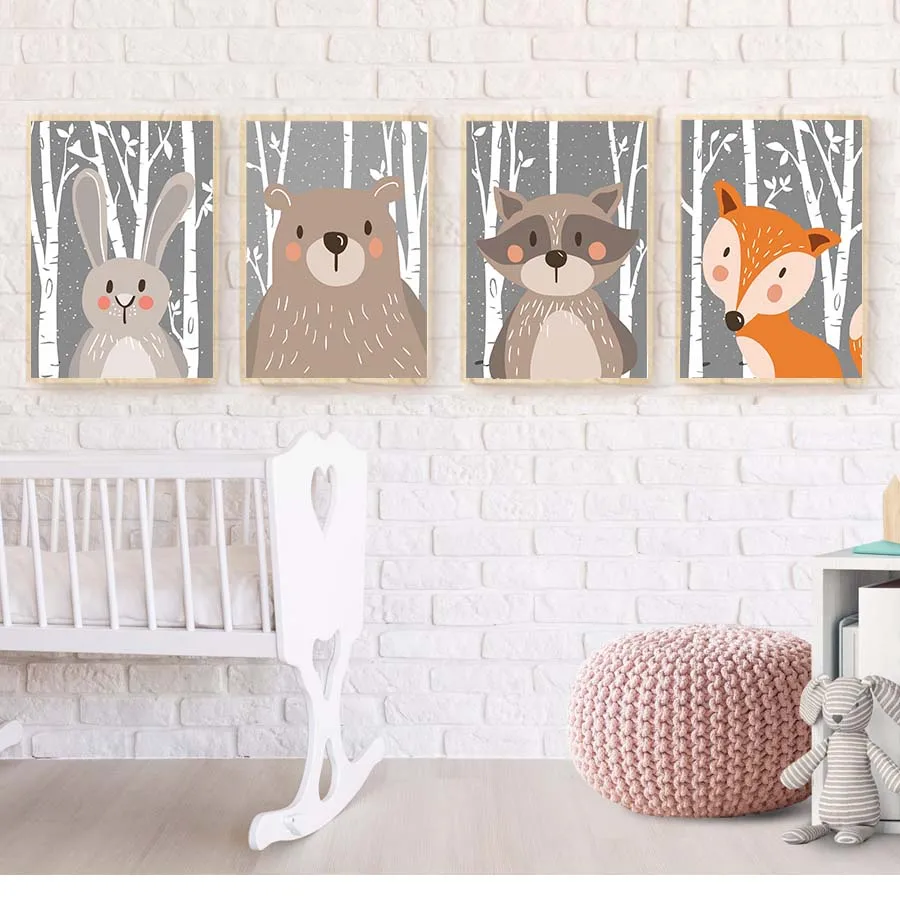 Забавный медведь лиса кролик плакаты принты лесной лес мультфильм картина с рисунком животных на стене Современные художественные картины детский Декор