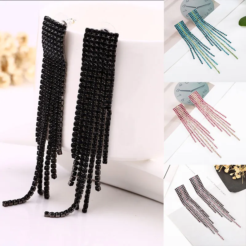 

10 Colors Tassel Rose Golden Dangling Bridal Unique Crystal 1Pair Rhinestone Square Long Silver Bride Drop Earring
