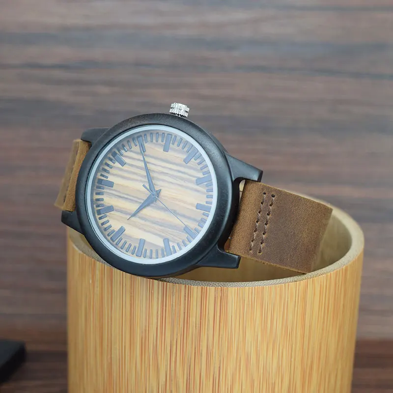 Mens-black-leather-Wooden-watch-gentleman-gift 20