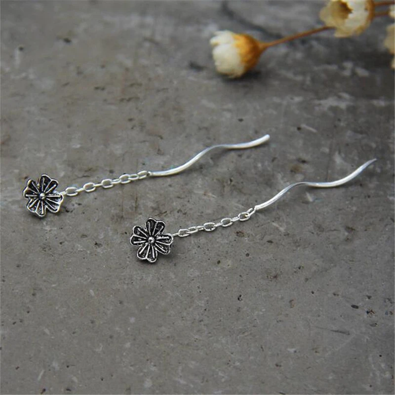 

925 Genuine Sterling Silver New Arrival Antique Ear Line Flower Drop/Dangle Line Earrings Long Line Chain Ear Jewelry For Women