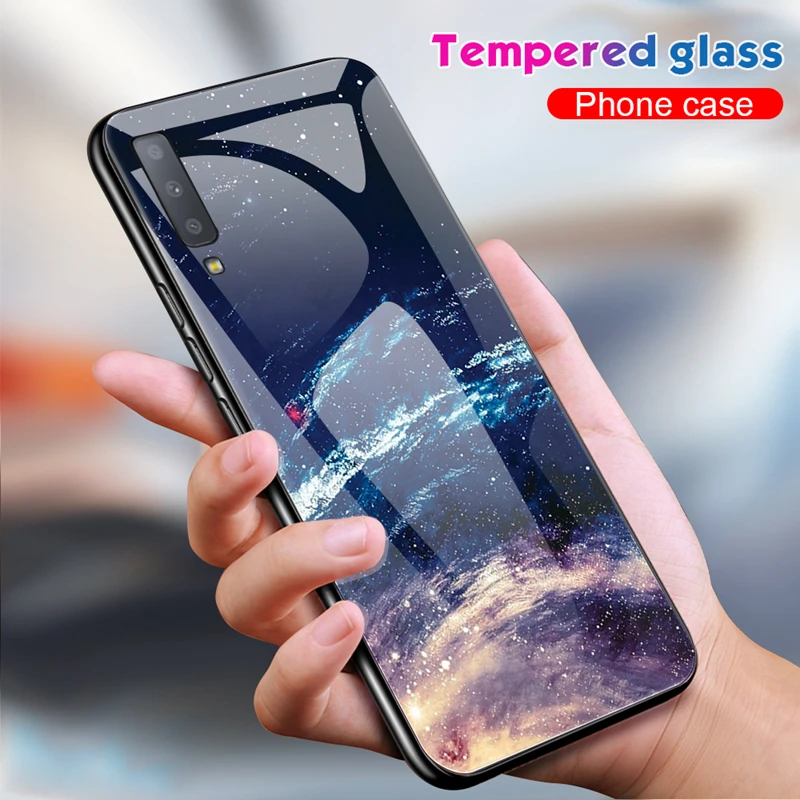 Luxury Tempered Glass Case For Samsung Galaxy S10 Plus S10e S9 S8 Note 8 9 J4 J6 Plus A7 2018 Starry Sky Protective Back Cover