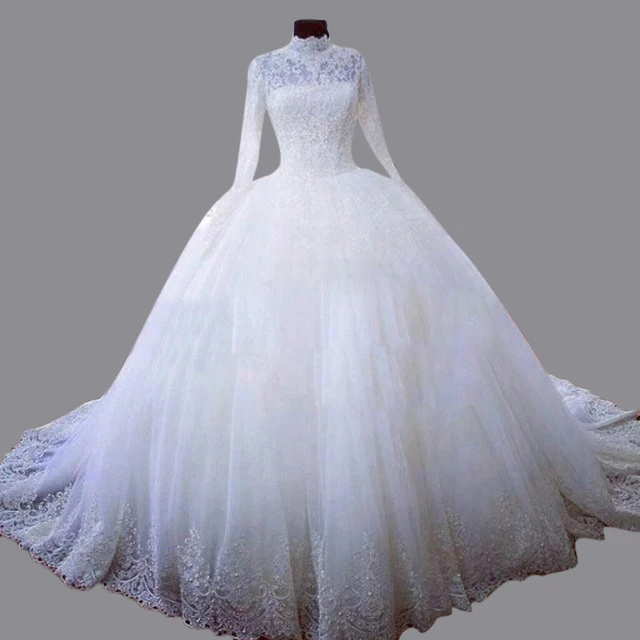 Puffy High Collar Long Sleeves Princess Ball Gown Wedding Dresses Sweep