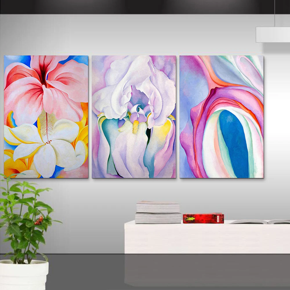 3 piece wall picture oil blue white Abstract wall art canvas flowers