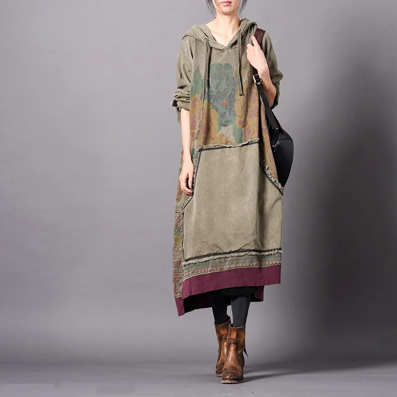 

Women Spring Printed Plus Size Bat Sleeve Vintage Dress Ladies Hooded Irregular Oversize Dress Female Loose Retro Dress 2019