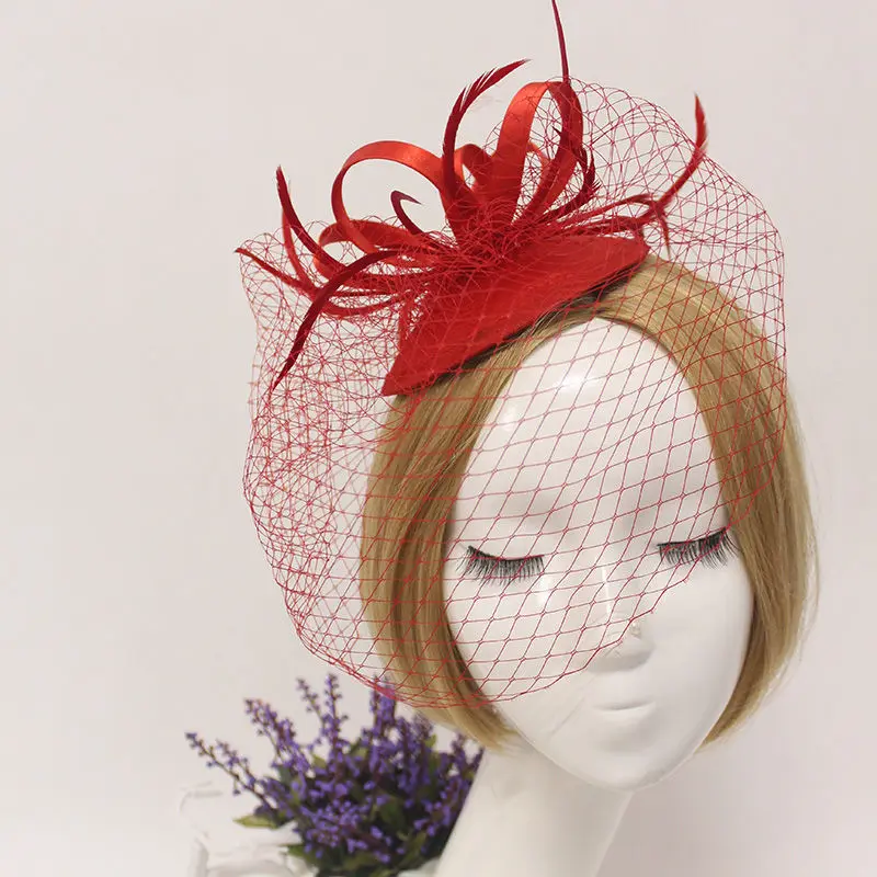Ladies fascinators black/ cream Red flower feather sinamay hats women