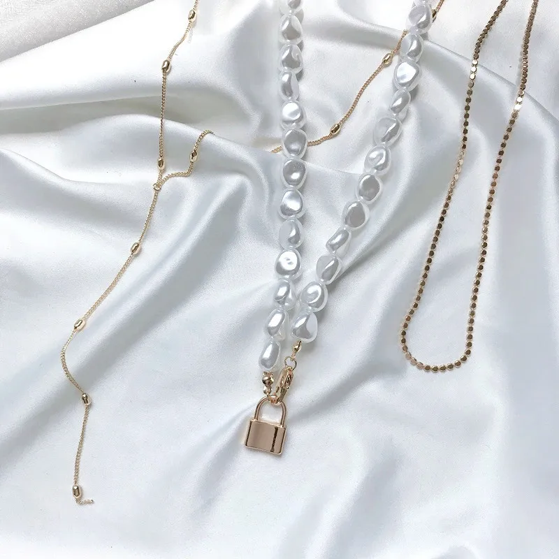 AOMU многослойная имитация неправильного жемчуга цепь металлические бусины Линия замок цепи замок ожерелья ожерелье для женщин ювелирные изделия