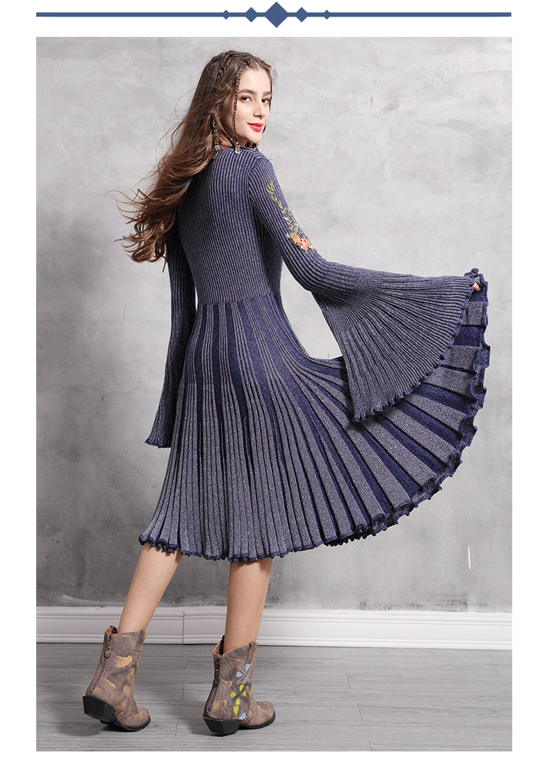 Зимнее платье, новинка, Yuzi. may, Boho, вязанное, Vestidos, круглый вырез, рукав-фонарик, Цветочная вышивка, свинг, винтажные платья для женщин, A82031