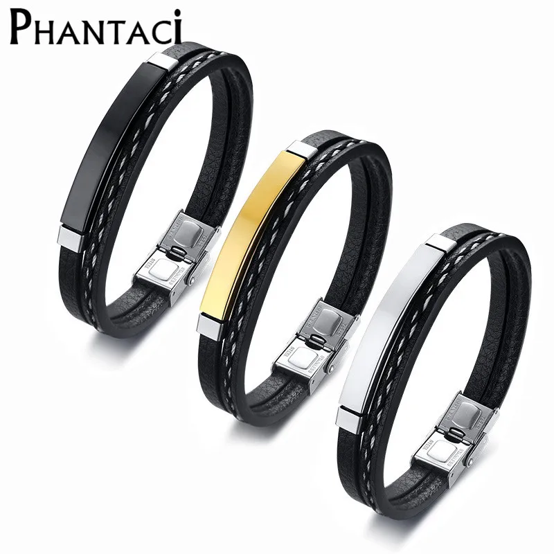 

No fade 316L Stainless Steel Bracelets & Bangles Men Leather Cuff Bracelet Male Metal Titanium Wrap Bracelet Wrist Band Jeweley